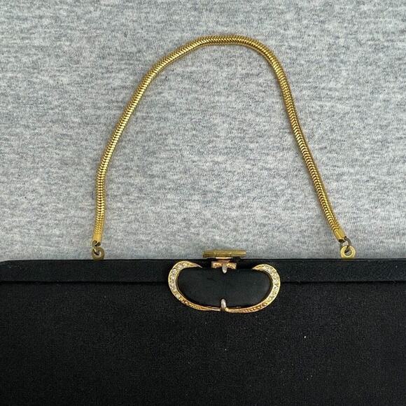 Vintage Purse Black Satin Clutch Evening Bag Rhinestone Top Lock Formal Handbag - Picture 5 of 7